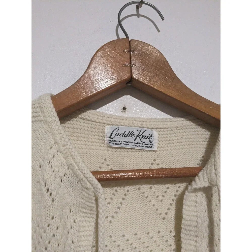 Vintage Cuddle Knit Sweater Vest Cream Pointelle Acrylic Boho S/M